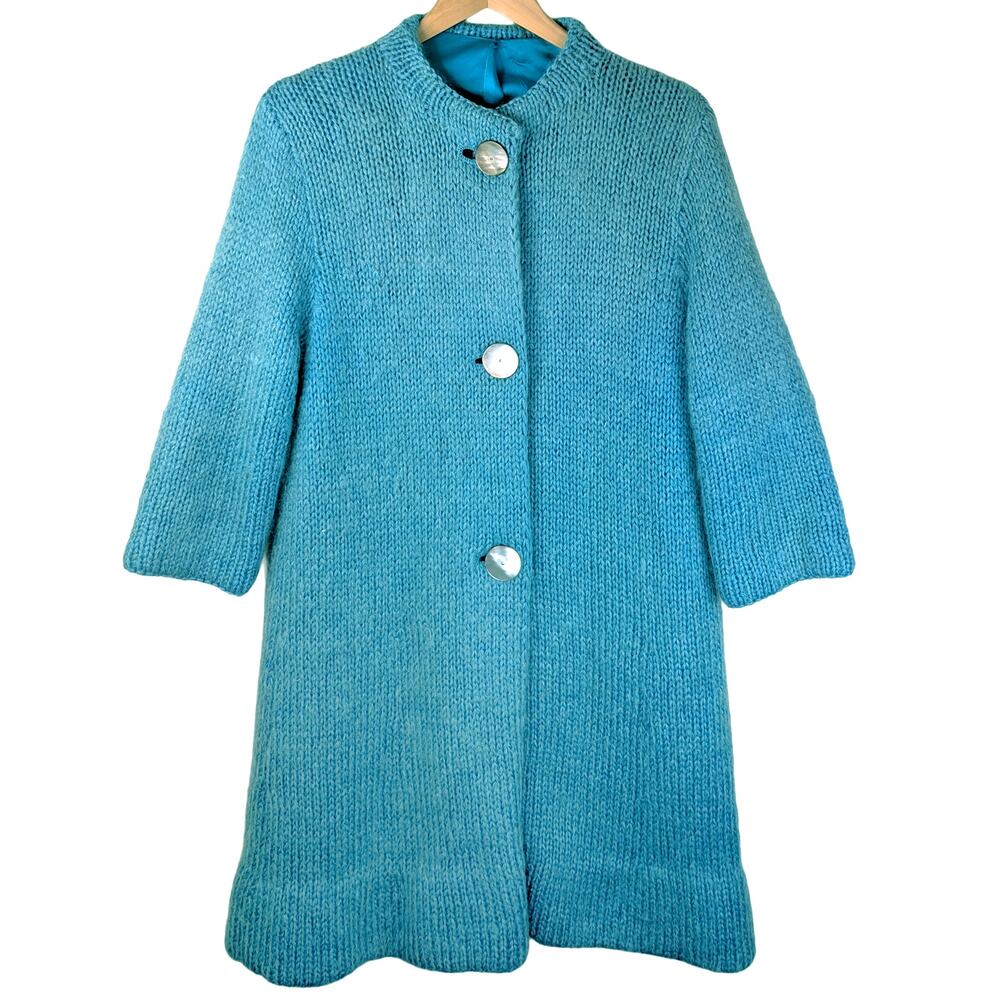 Vintage Blue Lagenlook Wool Knit Coat Mandarin Collar Handmade Teal Women's M